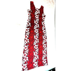 Vtg KY's Red White Hibiscus Hawaiian Midi Dress Womens MED Luau Beach Hula